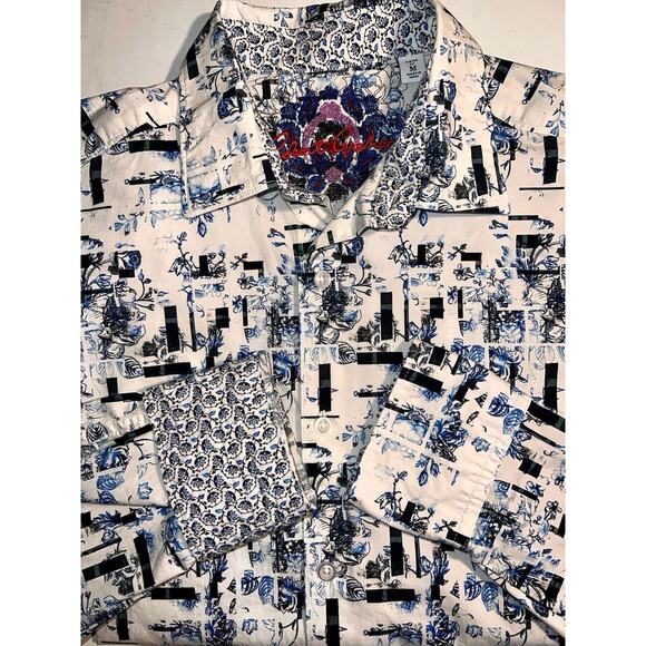 ROBERT GRAHAM BLUE ABSTRACT FLORAL ON WHITE SHIRT FLIP CUFF CLASSIC FIT SZ M